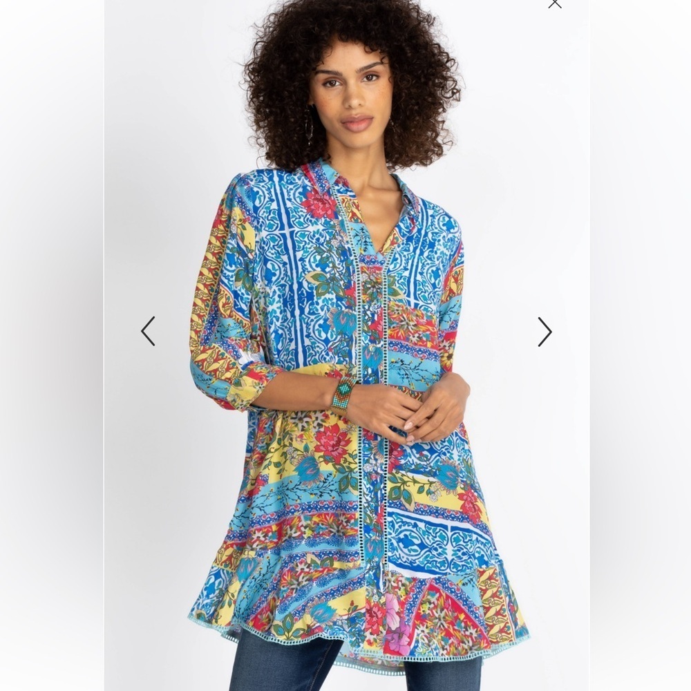 Johnny Was - Size XL Midsummer Sednea 100% Silk Ruffle Tunic Blouse